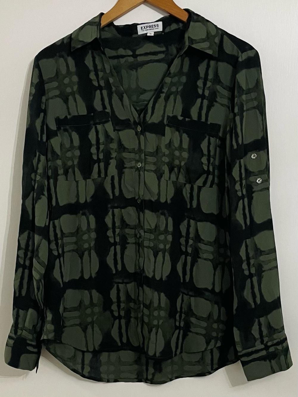 Express Olive and Black Patterned Button-Down Shirt